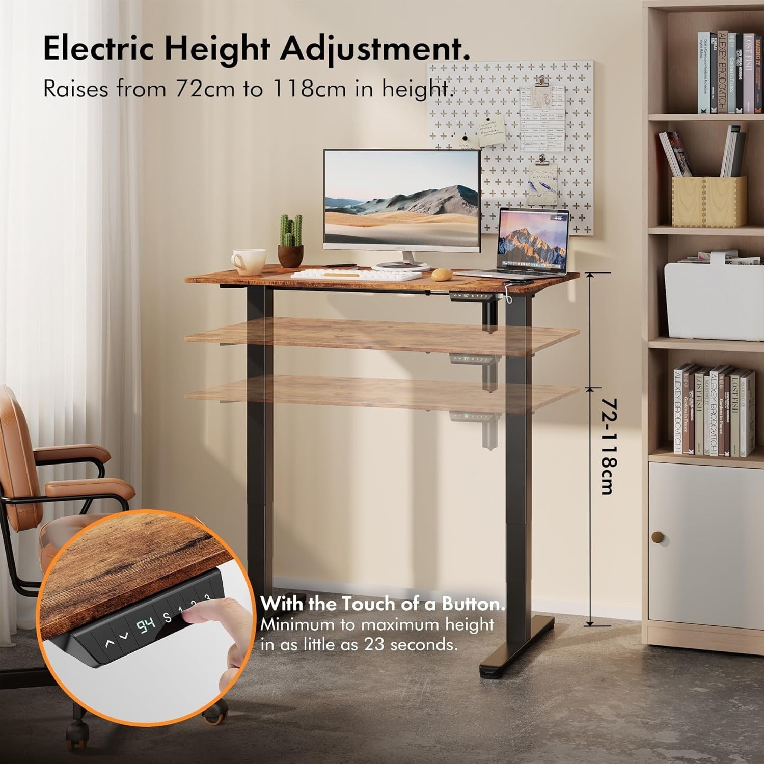 Rustic 100x60cm Electric Standing Desk with USB-C & Memory Control Panel