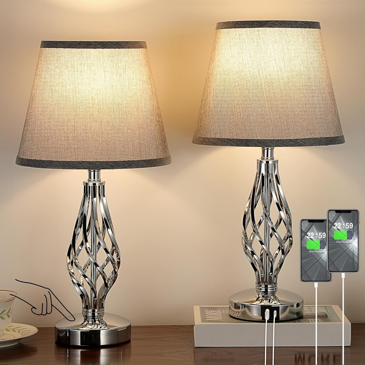 Touch Bedside Lamps Set of 2 USB Charging 3-Way Dimmable Grey Shades