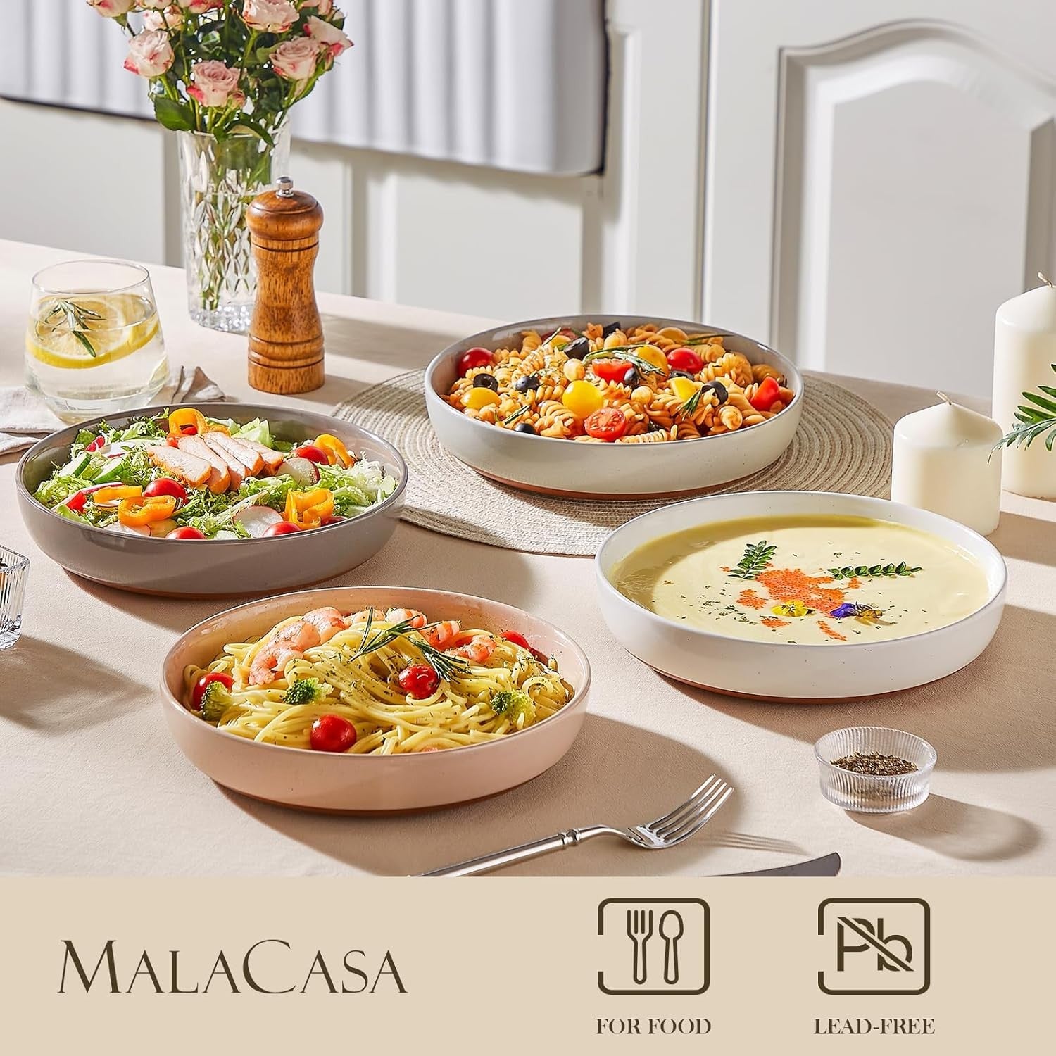 4 Piece Large Pasta Bowls 48oz Ceramic Soup Bowls Microwave Dishwasher Safe