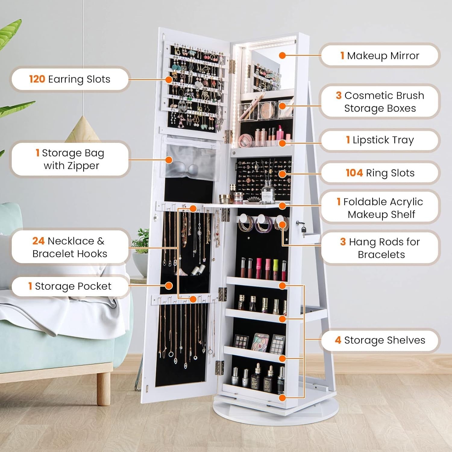 White 360° Swivel LED Jewelry Cabinet Mirror Lockable 3-in-1 Storage