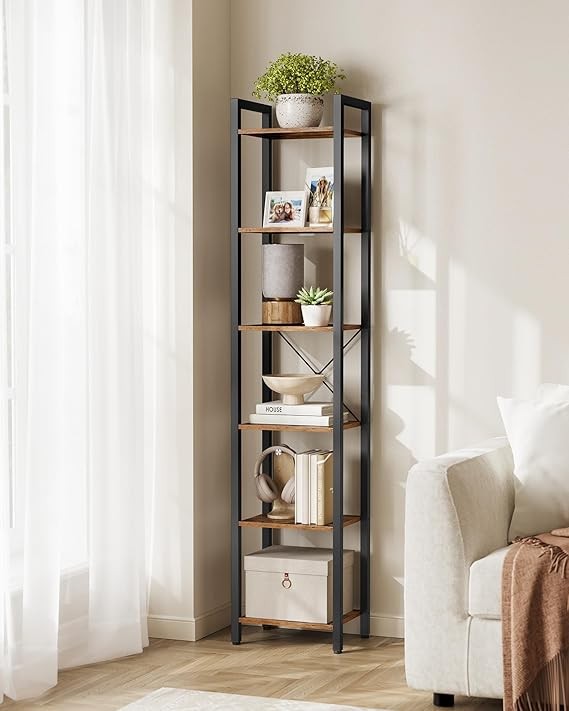 6-Tier Tall Industrial Bookshelf Slim Rustic Brown Metal Storage Rack