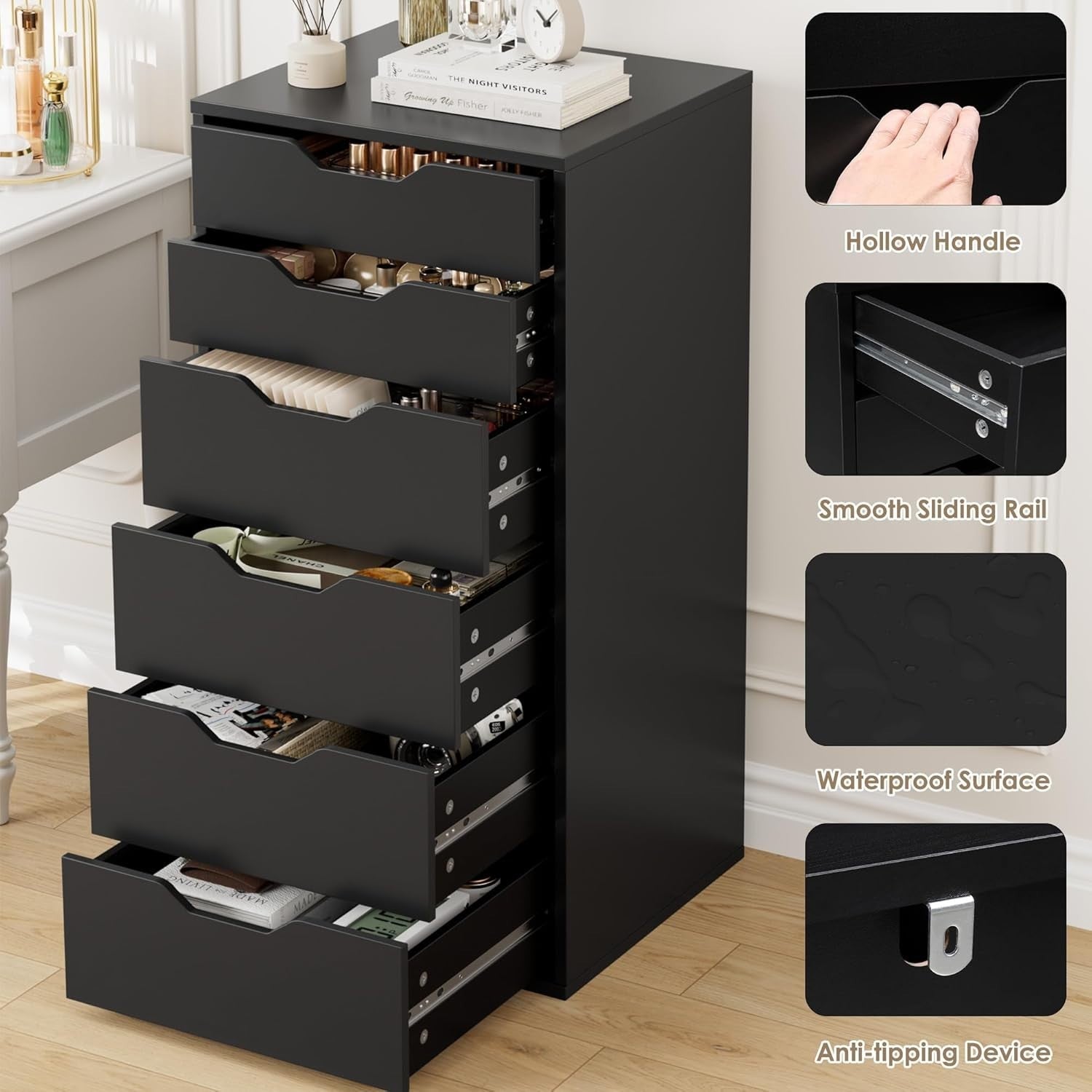 6-Drawer Tall Black Storage Cabinet Bedroom Dresser Modern Organizer Unit