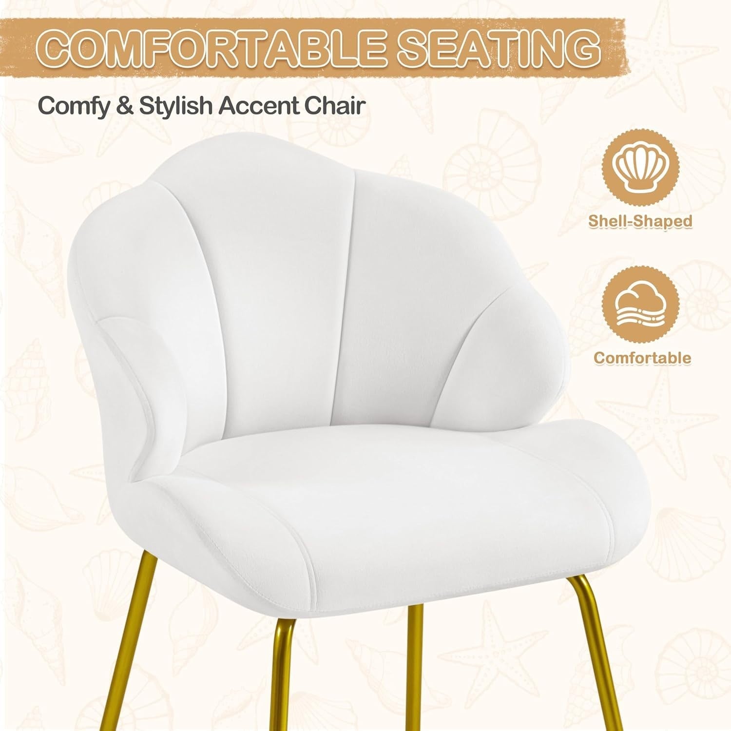 White Velvet Shell Chair Gold Legs Makeup Vanity Seat Bedroom Accent