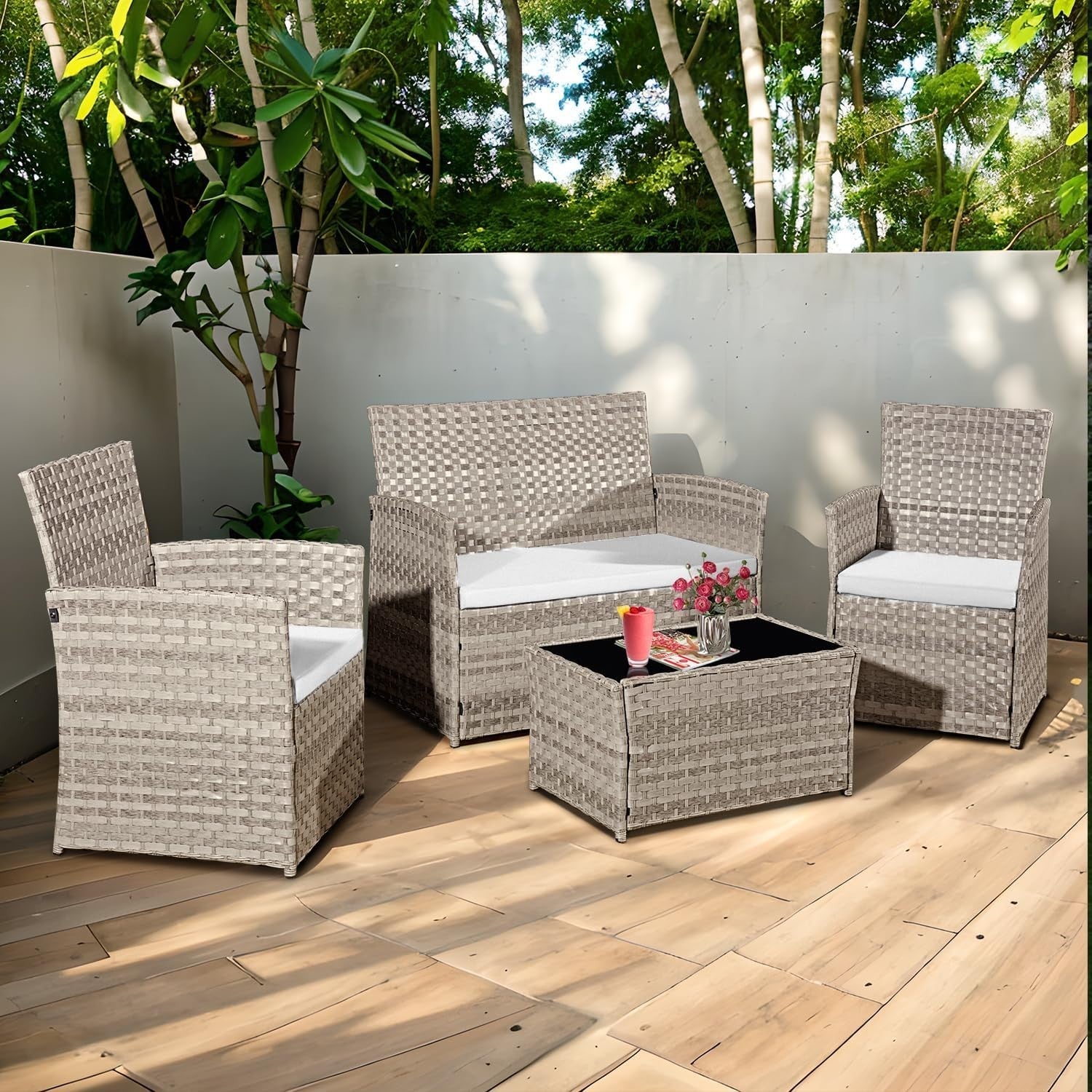 4-Piece Grey Rattan Garden Patio Set | Outdoor Loveseat & Chairs with Table