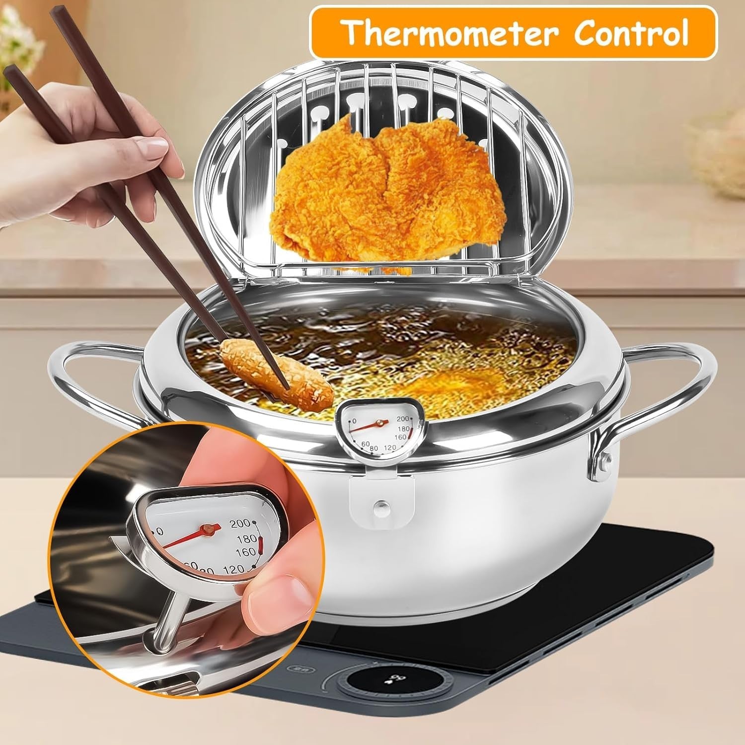 Stainless Steel Deep Fryer Pot 4.2L Temp Control Lid Oil Drain Rack