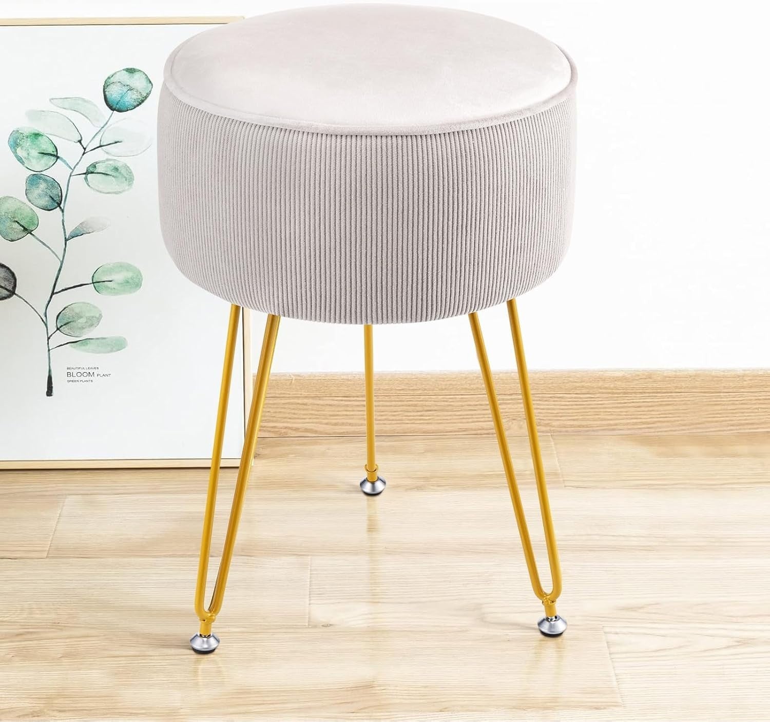 White Round Vanity Stool with Metal Legs – Padded Dressing Table Chair