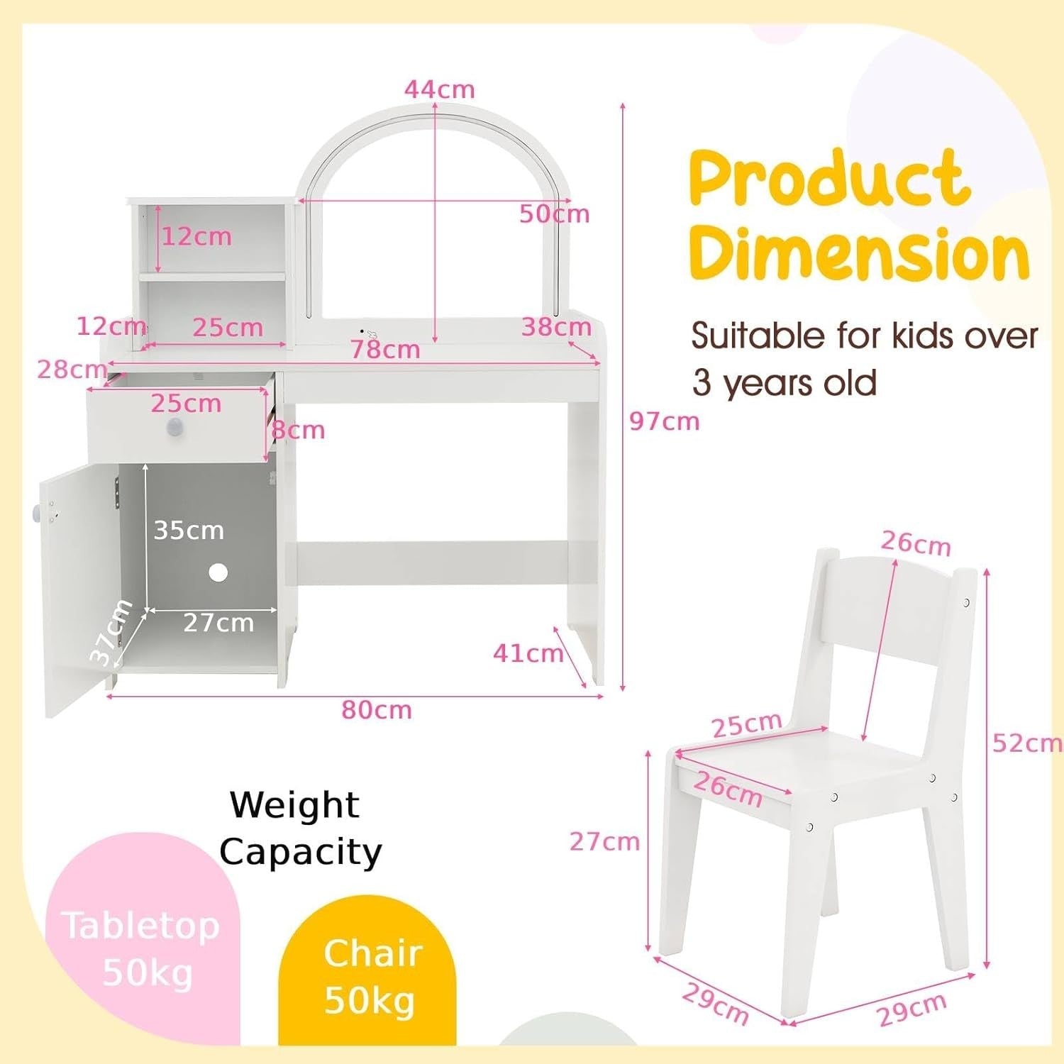 Kids Vanity Table & Stool Set with LED Mirror, Drawer, Shelves & Cabinet
