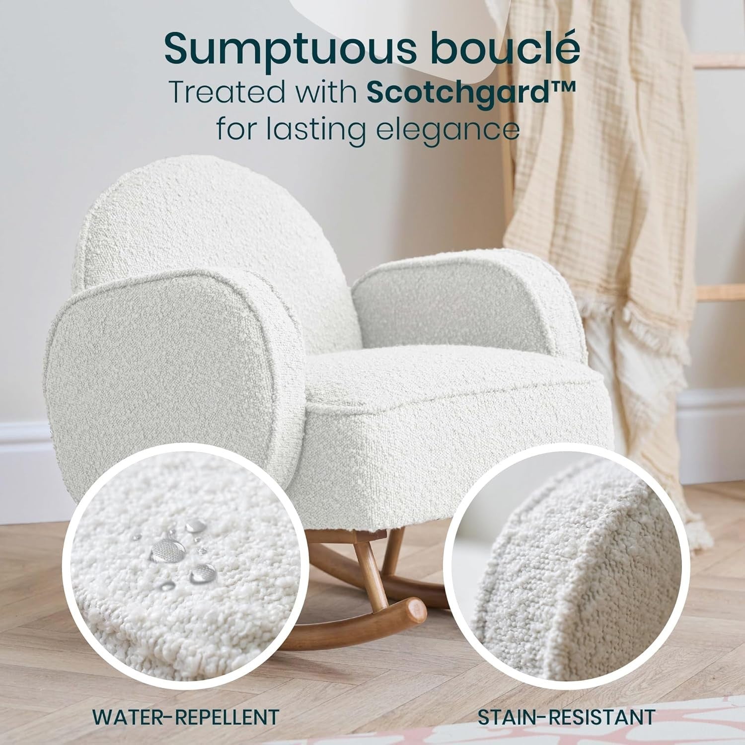 Kids Rocking Chair with Soft Bouclé, Rubberwood Frame, Toddler Safe