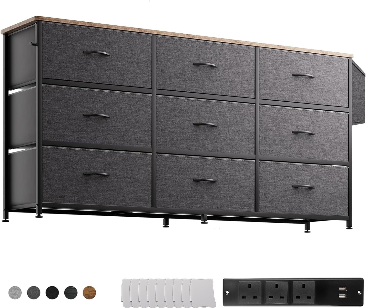 9-Drawer Fabric Dresser with Built-In Power Sockets TV Stand Storage