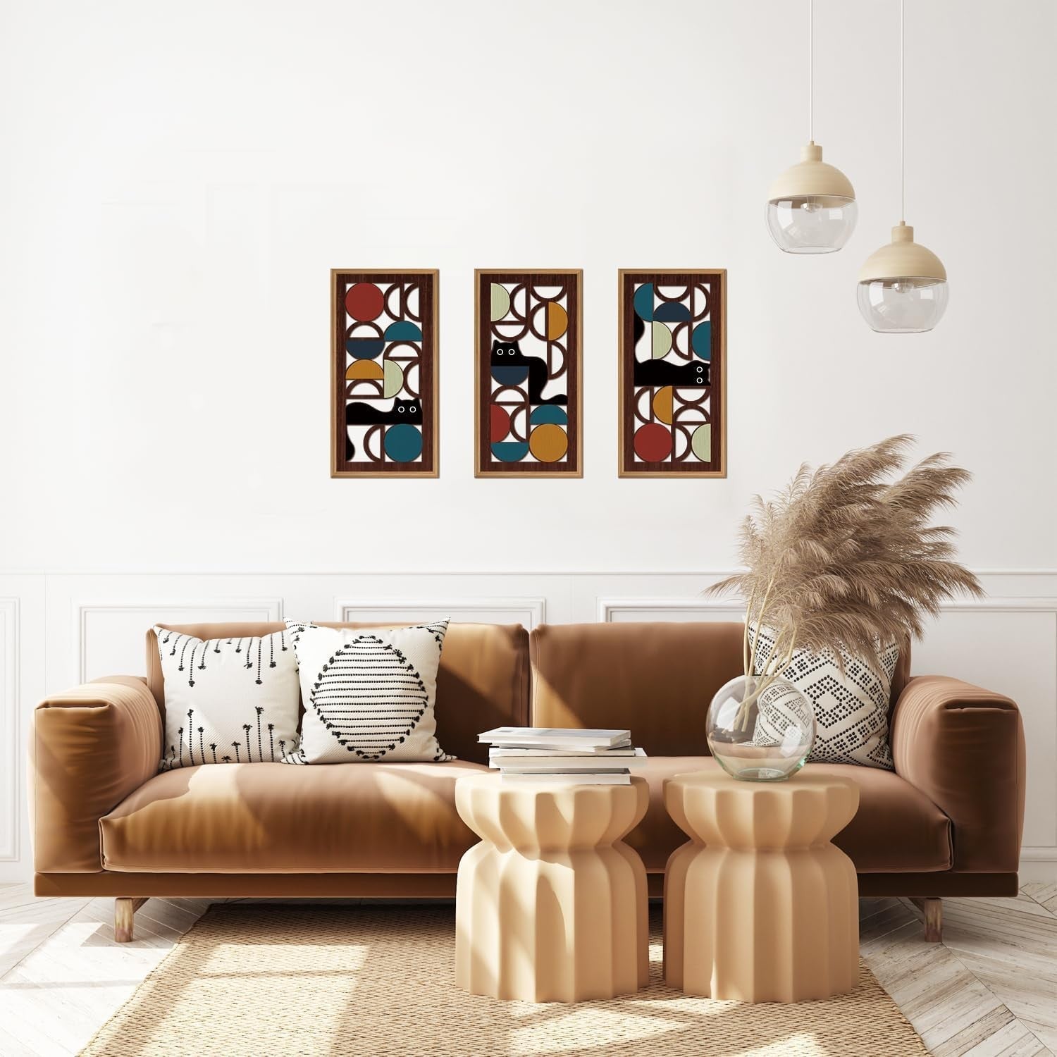 Boho Black Cat Wall Art Set of 3 Framed Geometric 20x40cm