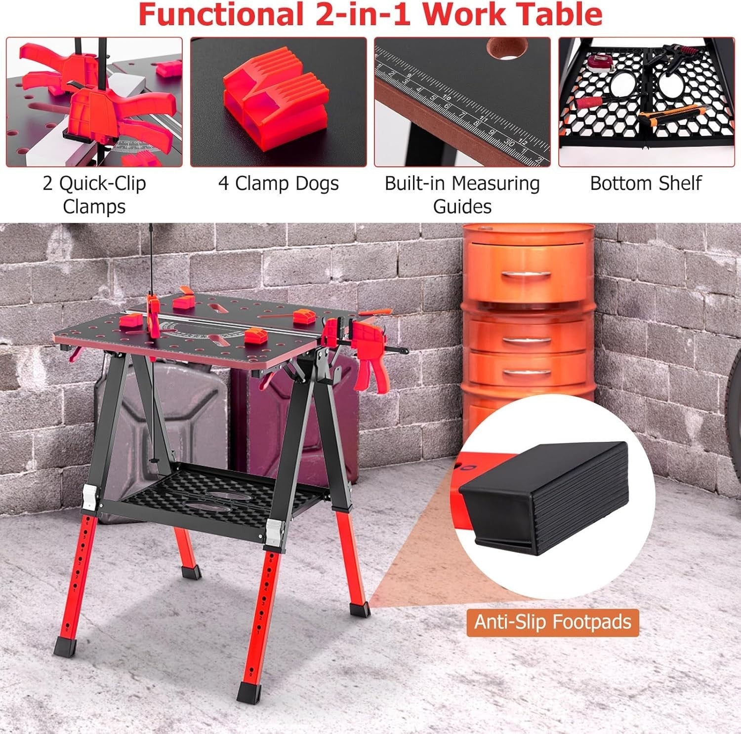 Folding Workbench 2-in-1 Sawhorse Table 8-Height Adjustable 450kg Capacity Red
