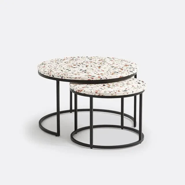 Set 2 Terrazzo Round Nesting Coffee Tables 70/50 cm Black Metal Base