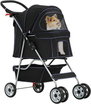 Pet Stroller Dog Cat Pushchair 4 Wheel Foldable Travel Carrier Mesh Black