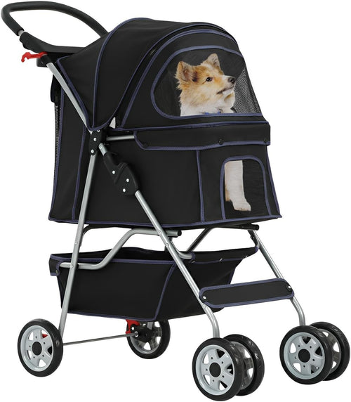 Pet Stroller Dog Cat Pushchair 4 Wheel Foldable Travel Carrier Mesh Black
