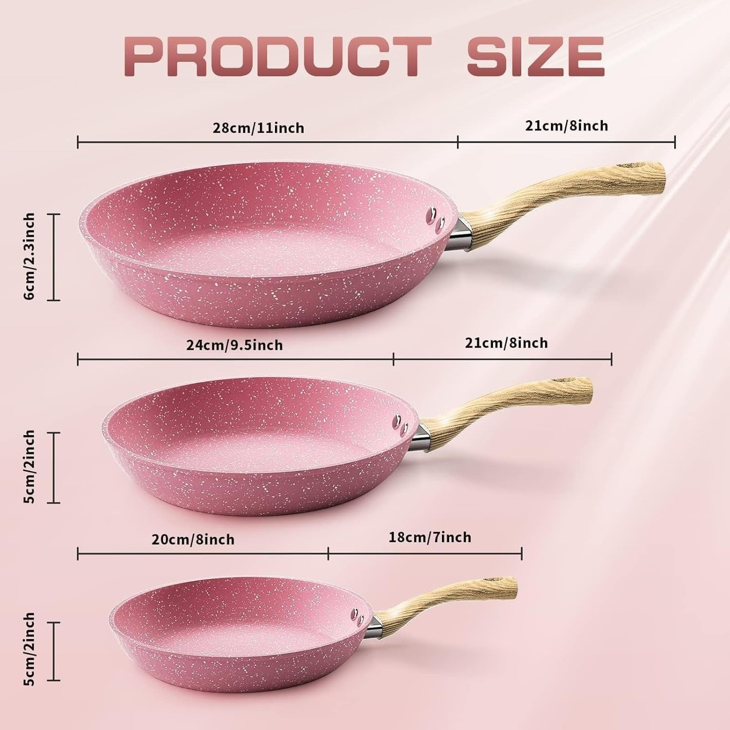3Pcs Pink Non Stick Frying Pan Set with Lids 20cm 24cm 28cm Induction Ready