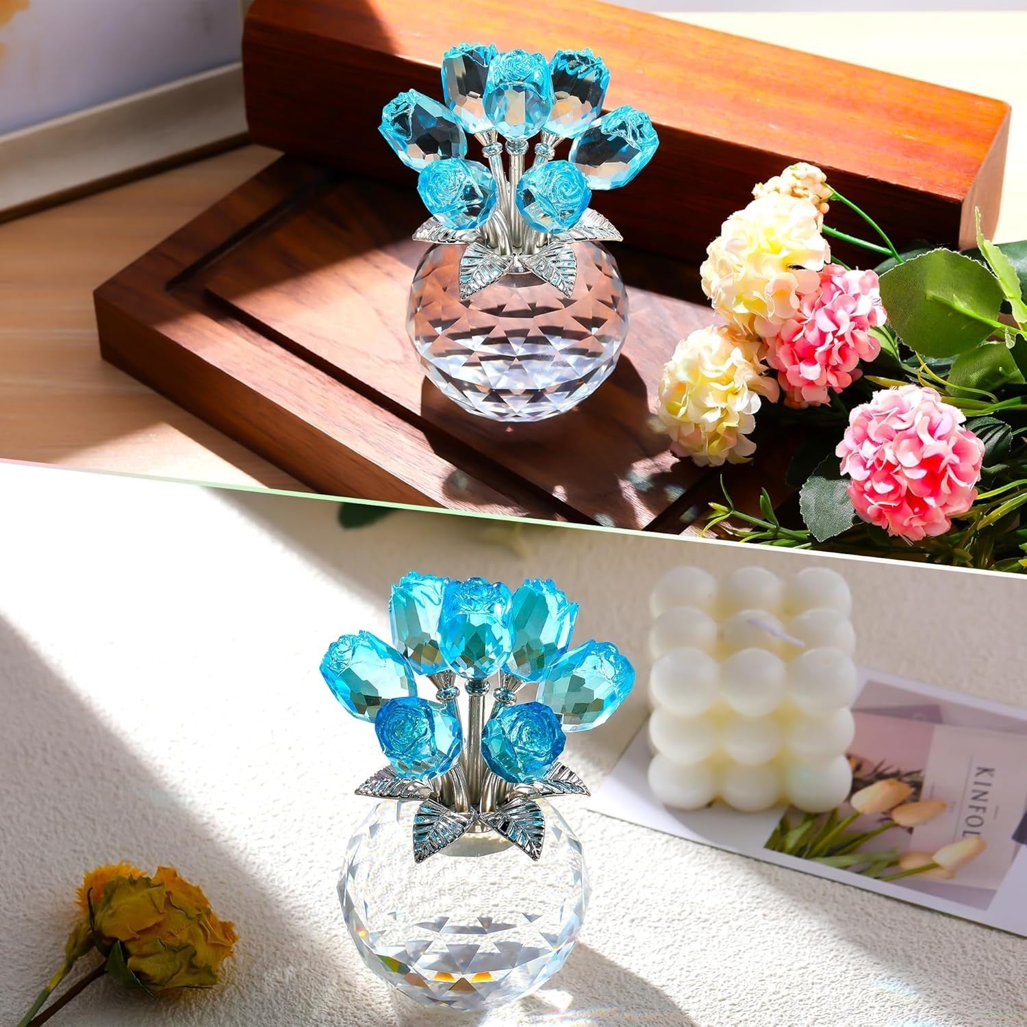 Light Blue Crystal Rose Bouquet Ornament Gift for Women Wife Anniversary Wedding