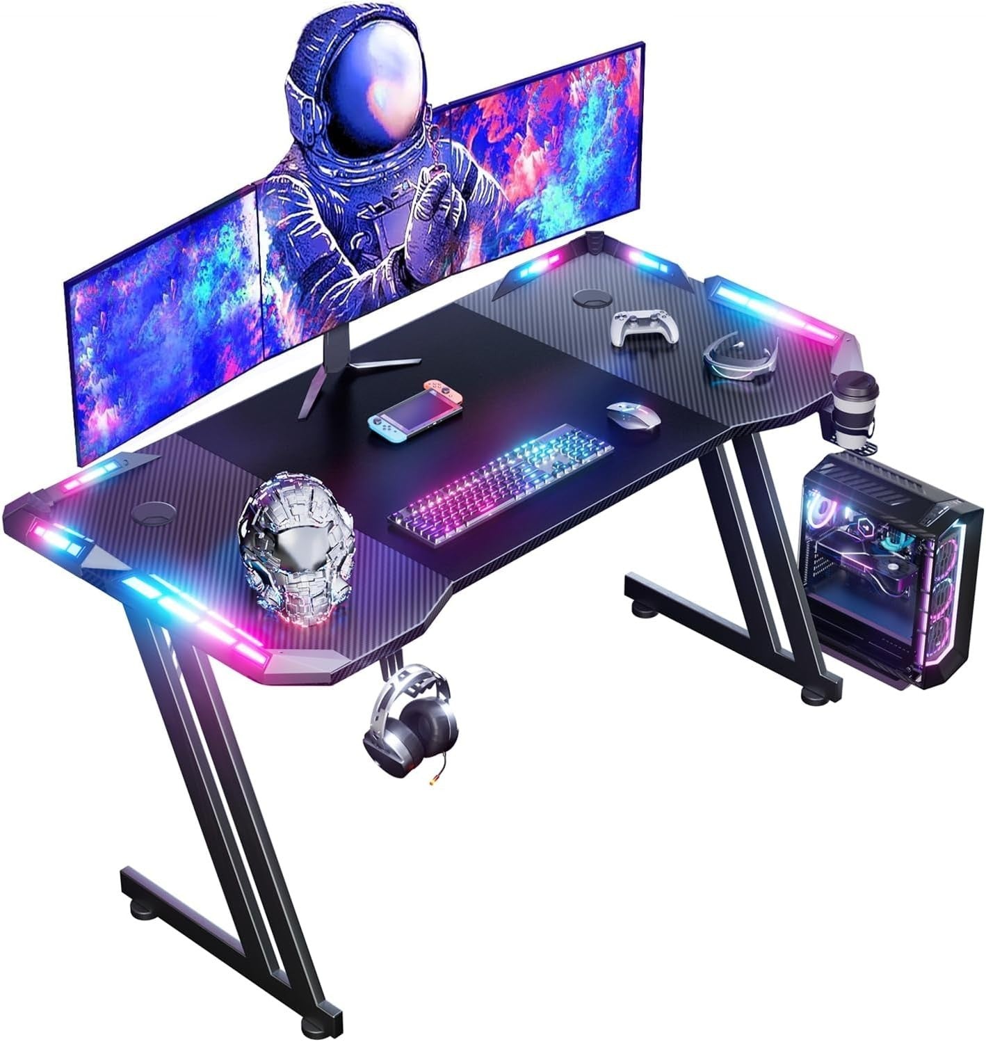 RGB Gaming Desk 140x60cm Computer Table w/LED, Cup Holder & Headphone Hook