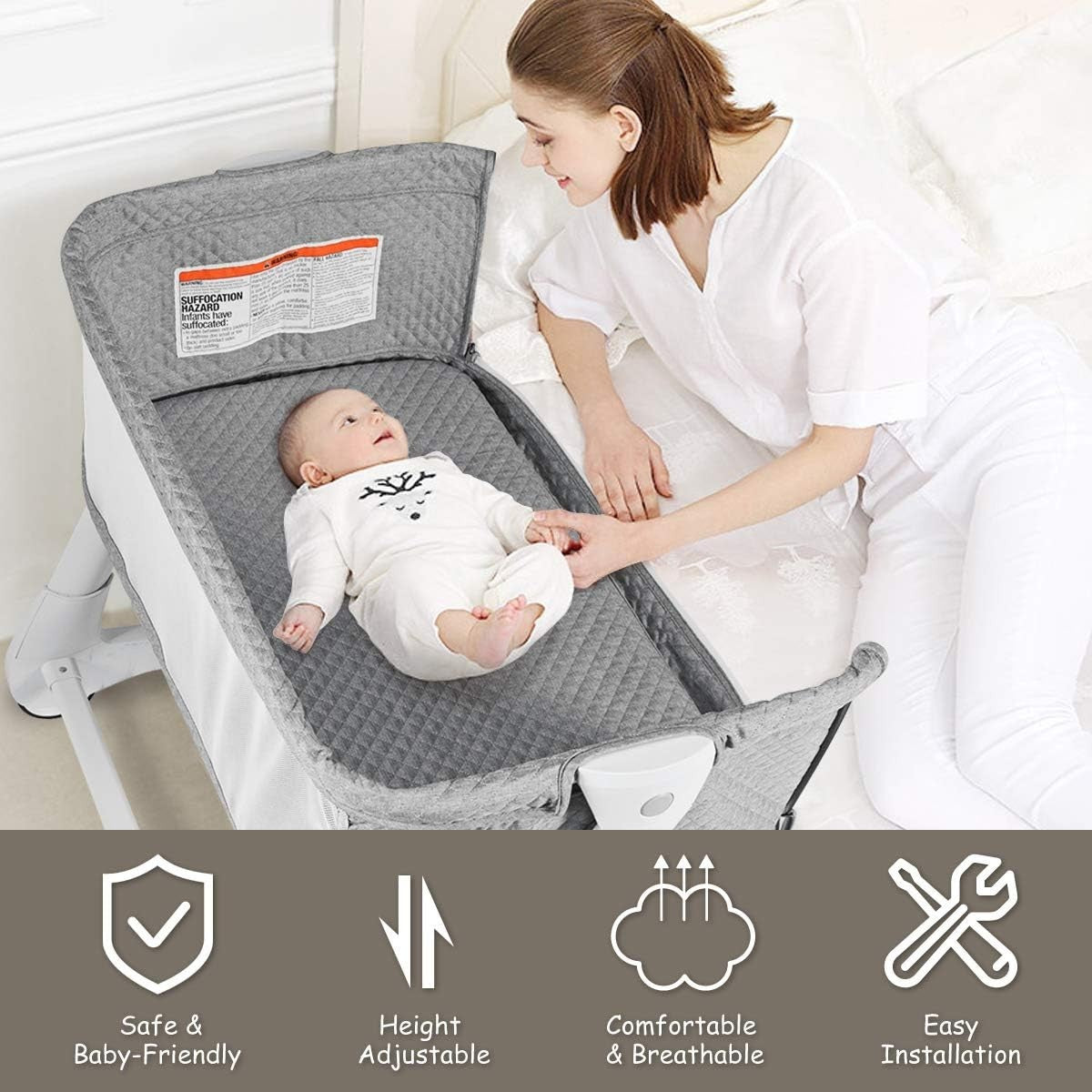 2in1 Baby Bedside Crib Adjustable Bassinet Sleeper Bed Detachable Side Mesh Grey