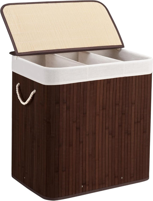 150L Large Bamboo Laundry Hamper 3-Section Basket w/ Lid & Handles | Bedroom Bat