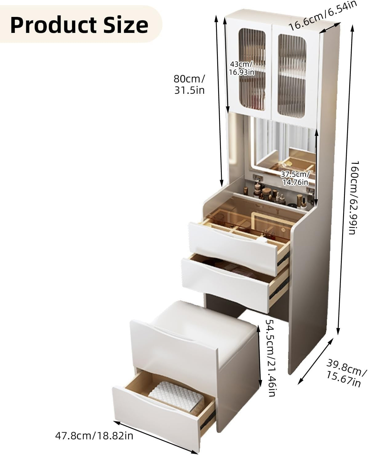 3-in-1 Vanity Desk Makeup Table w/Mirror, Drawers, Light, Storage Stool