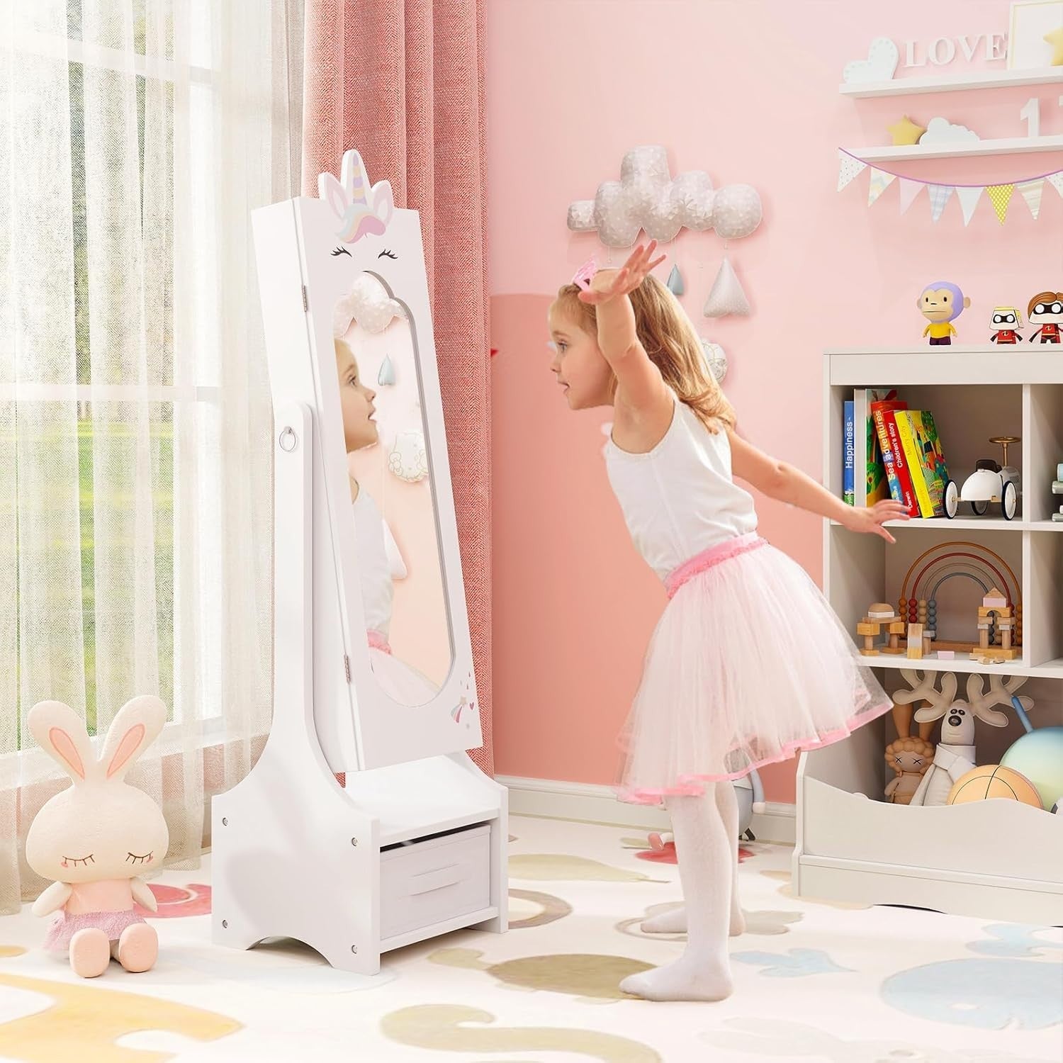 White Jewellery Cabinet Armoire Full Length Mirror Storage for Girls