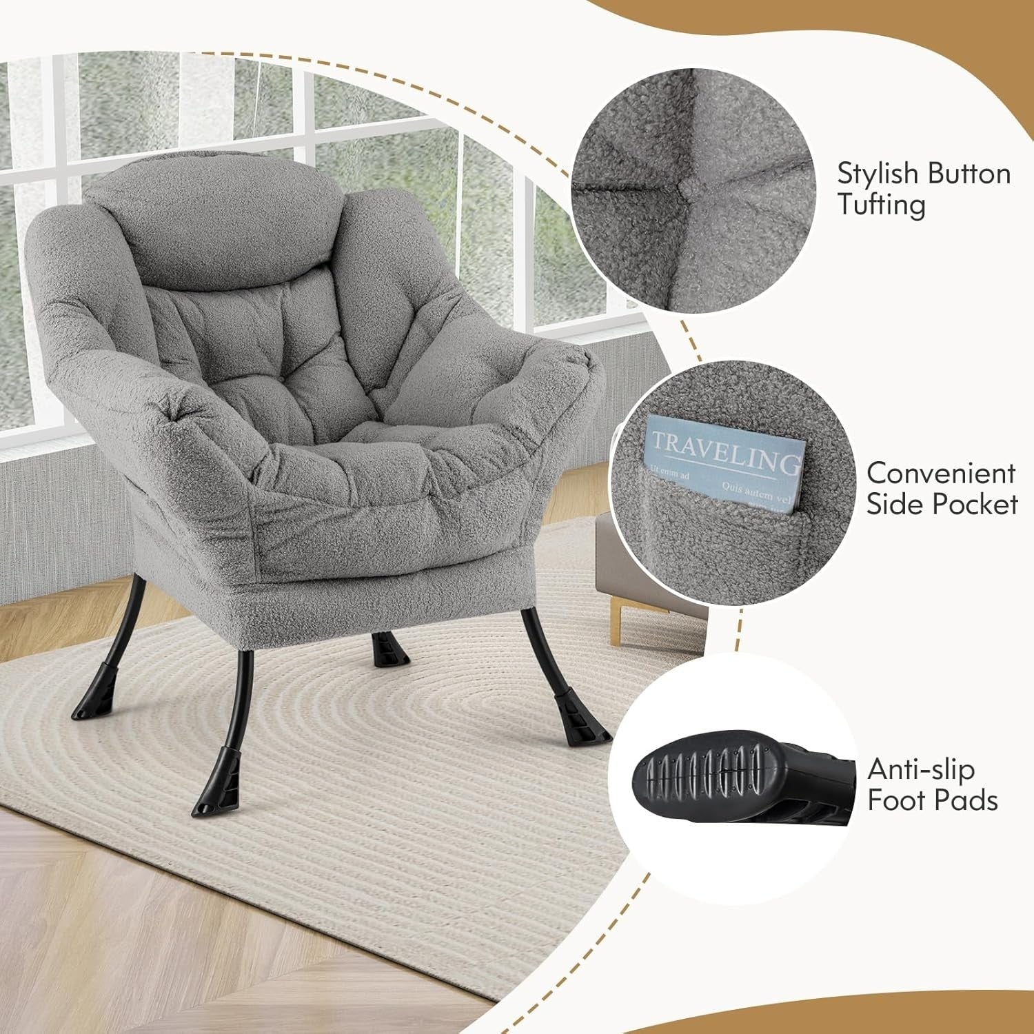 Grey Sherpa Armchair w/ Footstool Comfy Lounge Chair Sofa for Reading