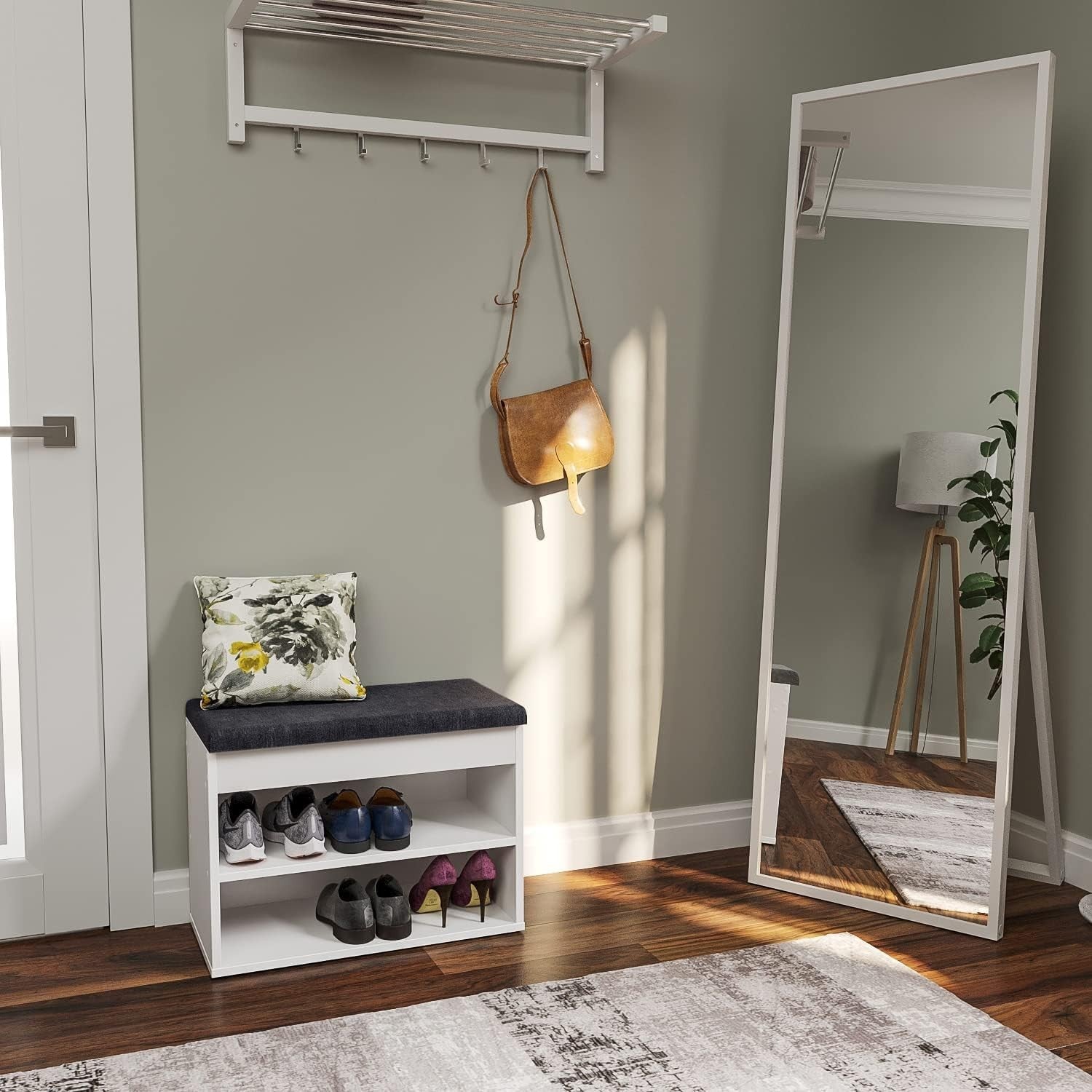 White Shoe Storage Bench with Cushion Hidden Compartment Entryway Seat