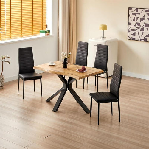 Wood Dining Table with X Legs & 4 Black Leather Chairs, Modern Kitchen Set