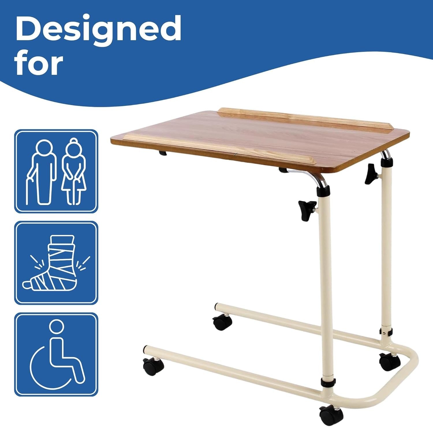 Adjustable Overbed Table with Wheels Bedside Laptop Meal Table Wood Finish