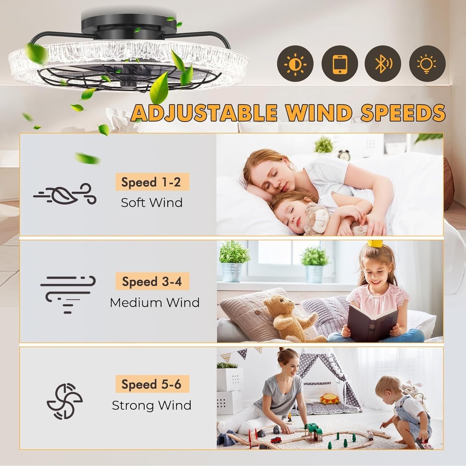 Bellanny 49CM Ceiling Fan, 6 Speeds, Dimmable LED, Reversible, Quiet Motor