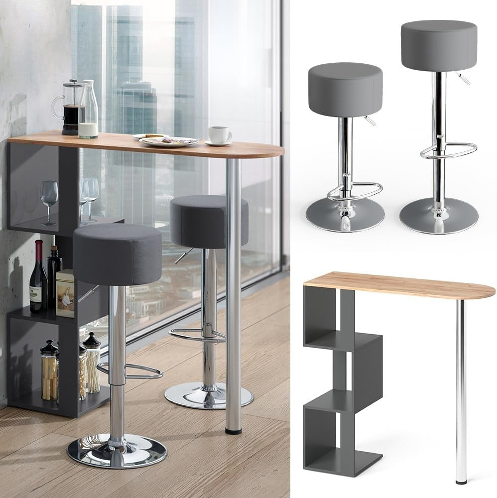 Bar Table Set with 2 Swivel Stools Storage Shelf Gold Oak Anthracite Modern