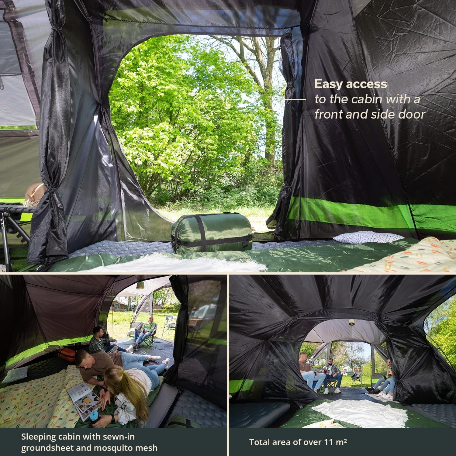 Anthracite/Green 4-Person Tunnel Family Camping Tent – Waterproof & Spacious