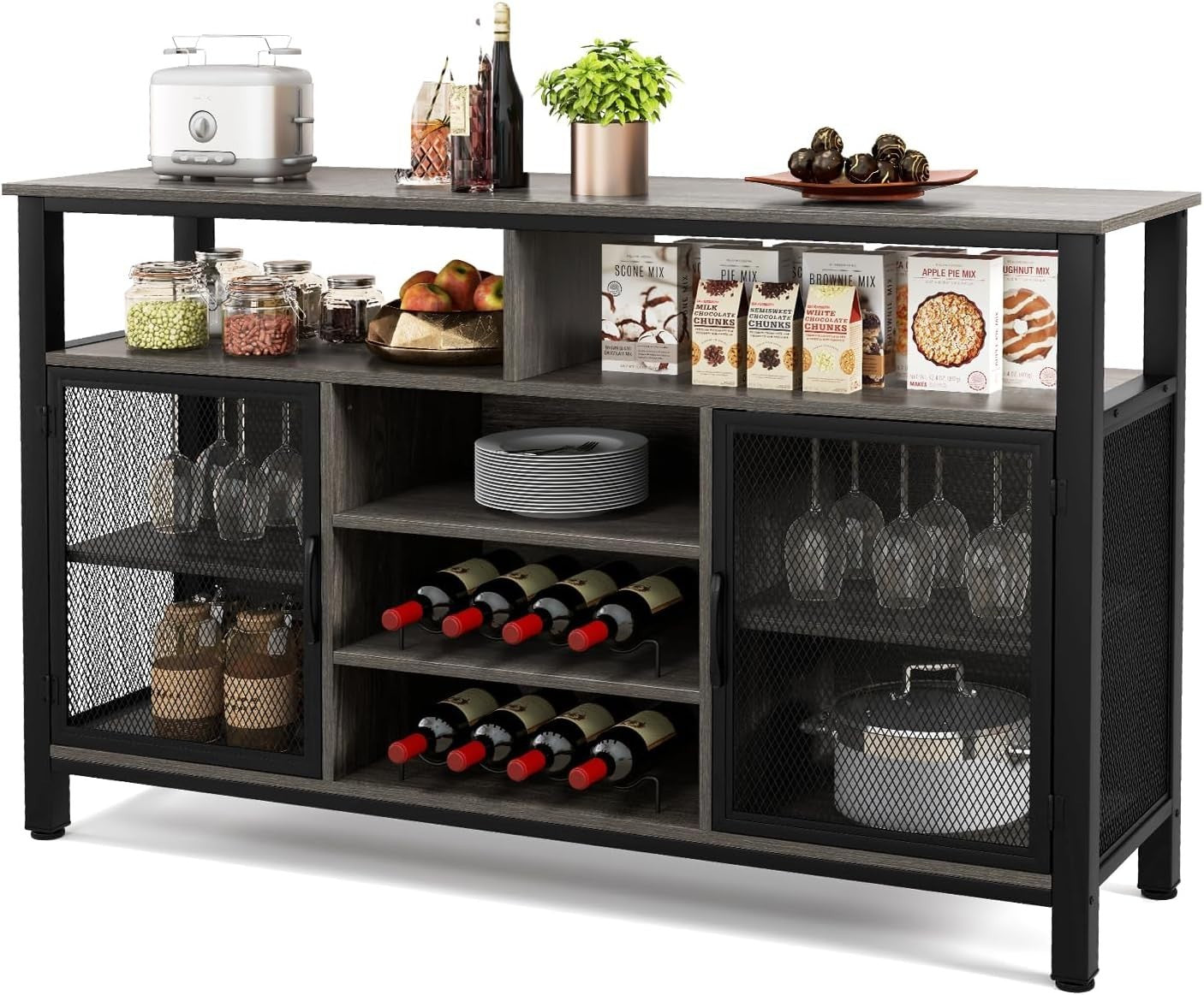 Industrial Sideboard Cabinet with Wine Racks Glass Holder Mesh Doors Gray Black