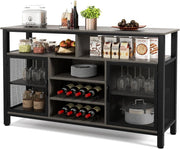 Industrial Sideboard Cabinet with Wine Racks Glass Holder Mesh Doors Gray Black