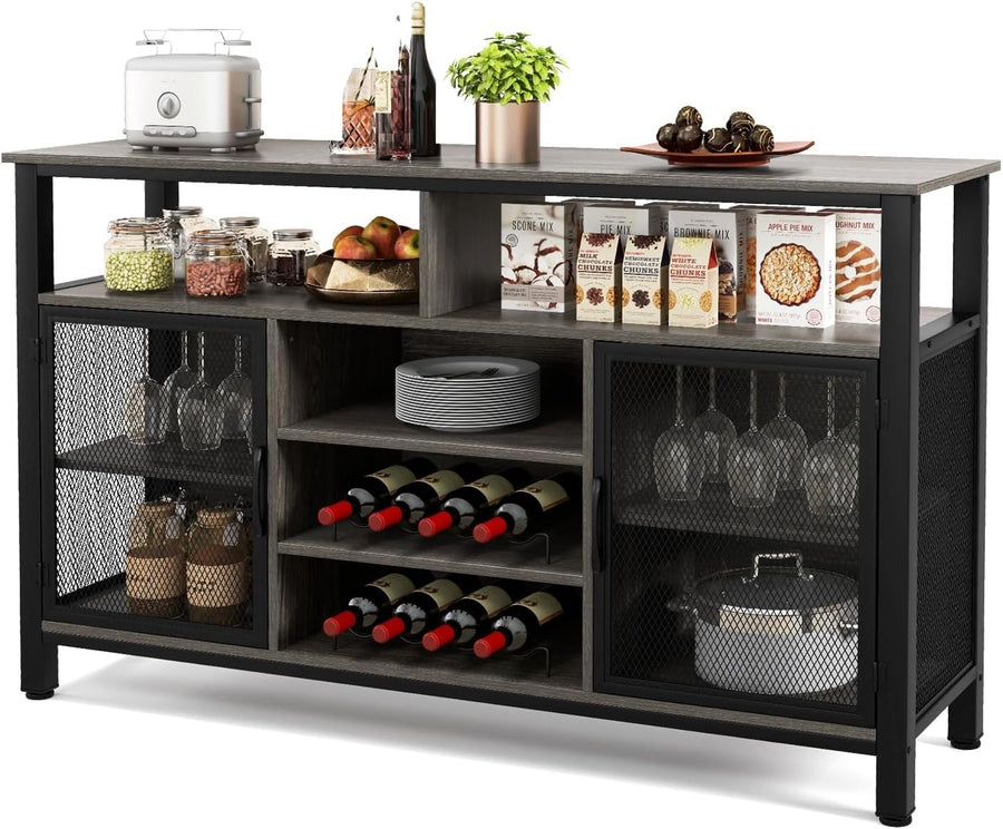 Industrial Sideboard Cabinet with Wine Racks Glass Holder Mesh Doors Gray Black
