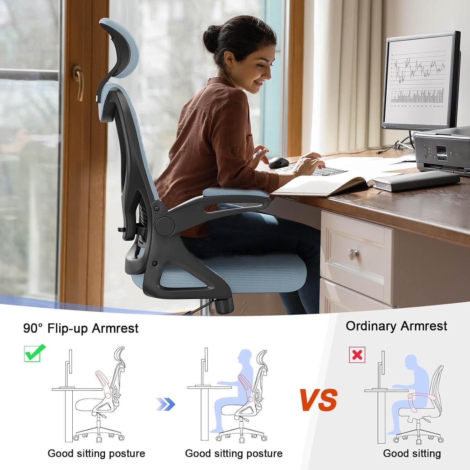 Ergonomic Office Chair High Back Mesh Flip-up Armrests Adjustable Lumbar Support
