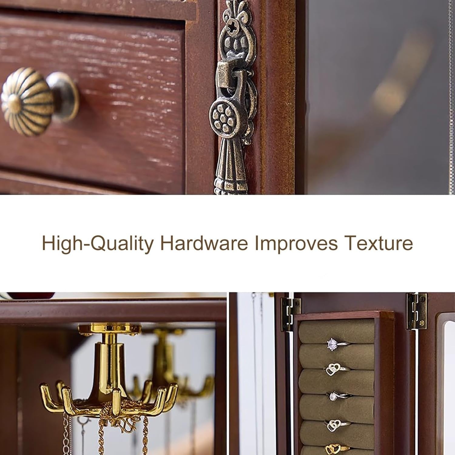 Wooden Jewelry Armoire Organizer 5 Drawers Mirror Storage Box