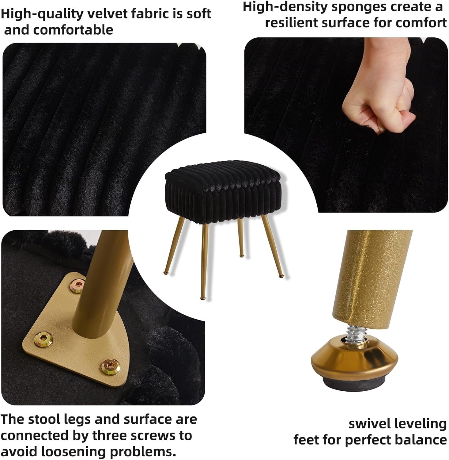 Black Velvet Vanity Stool with Storage – Rectangular Makeup Chair