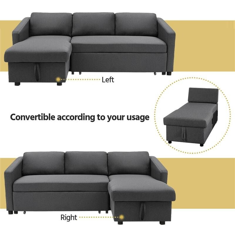 Grey Corner Sofa Bed with Storage 3 Seater Pull Out Sleeper Couch for Flats