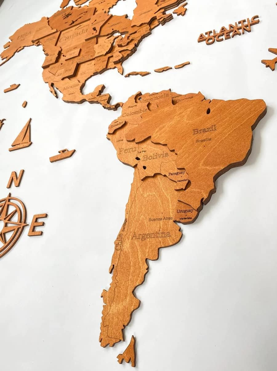 3D Wooden World Map Wall Art Walnut Large Home Office Decor