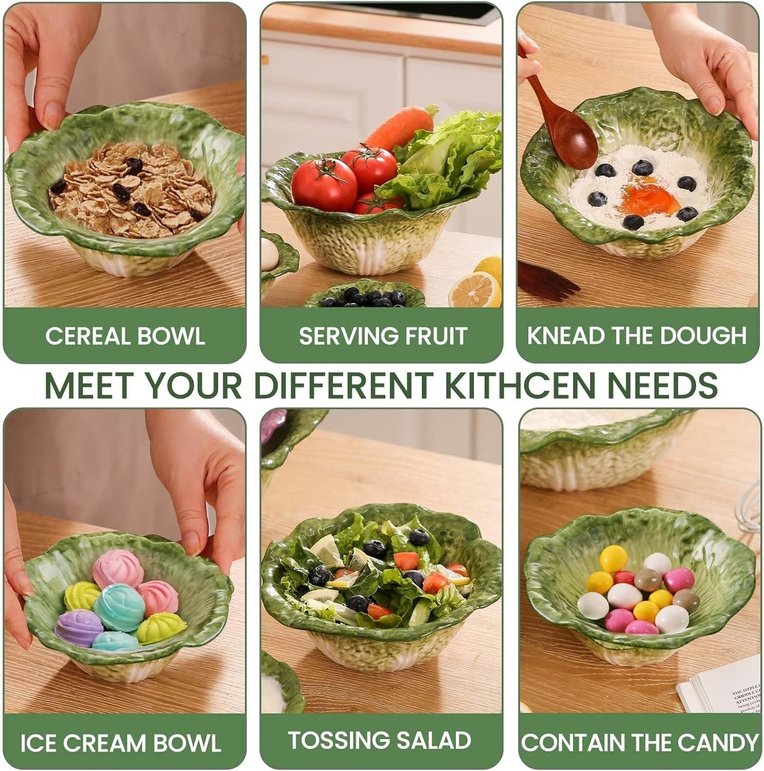 Green Ceramic Bok Choy Bowl Set 60oz 3-Piece Hand-Painted Kitchen
