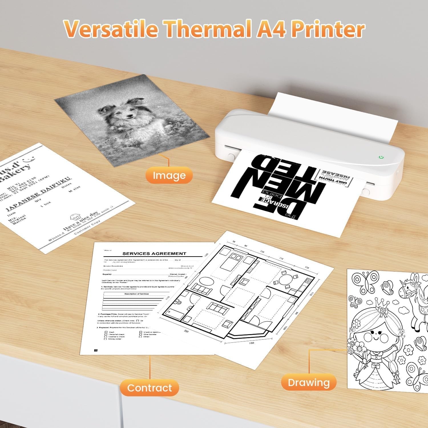 A4 Portable Thermal Printer 300DPI Wireless Bluetooth Inkless