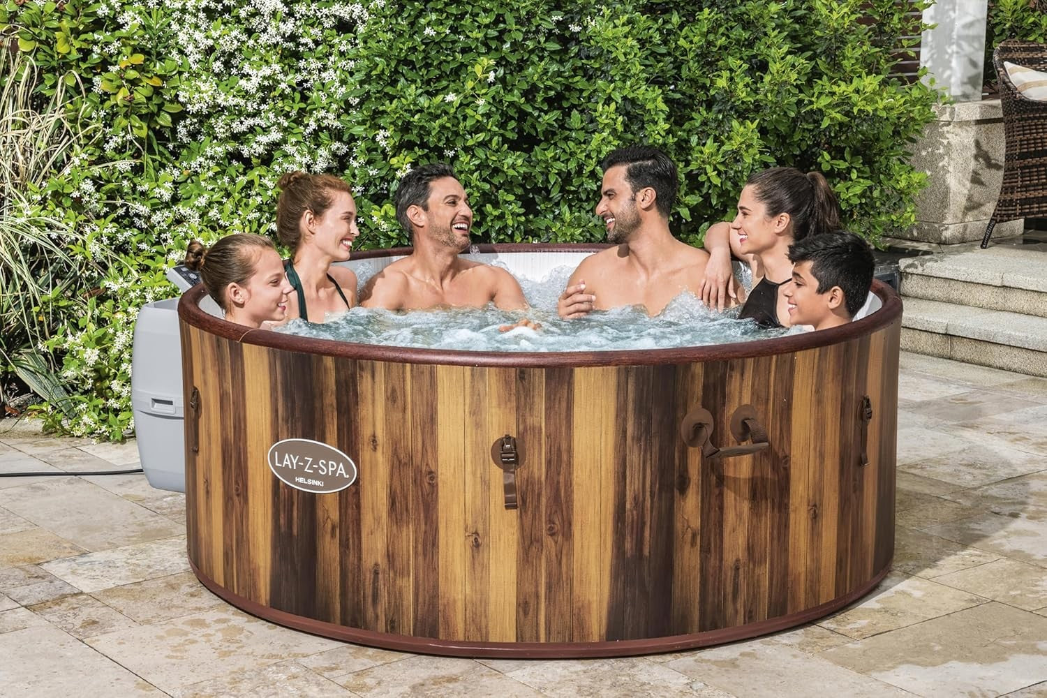 7 Person Inflatable Hot Tub Wood Effect Smart AirJet Heated Spa