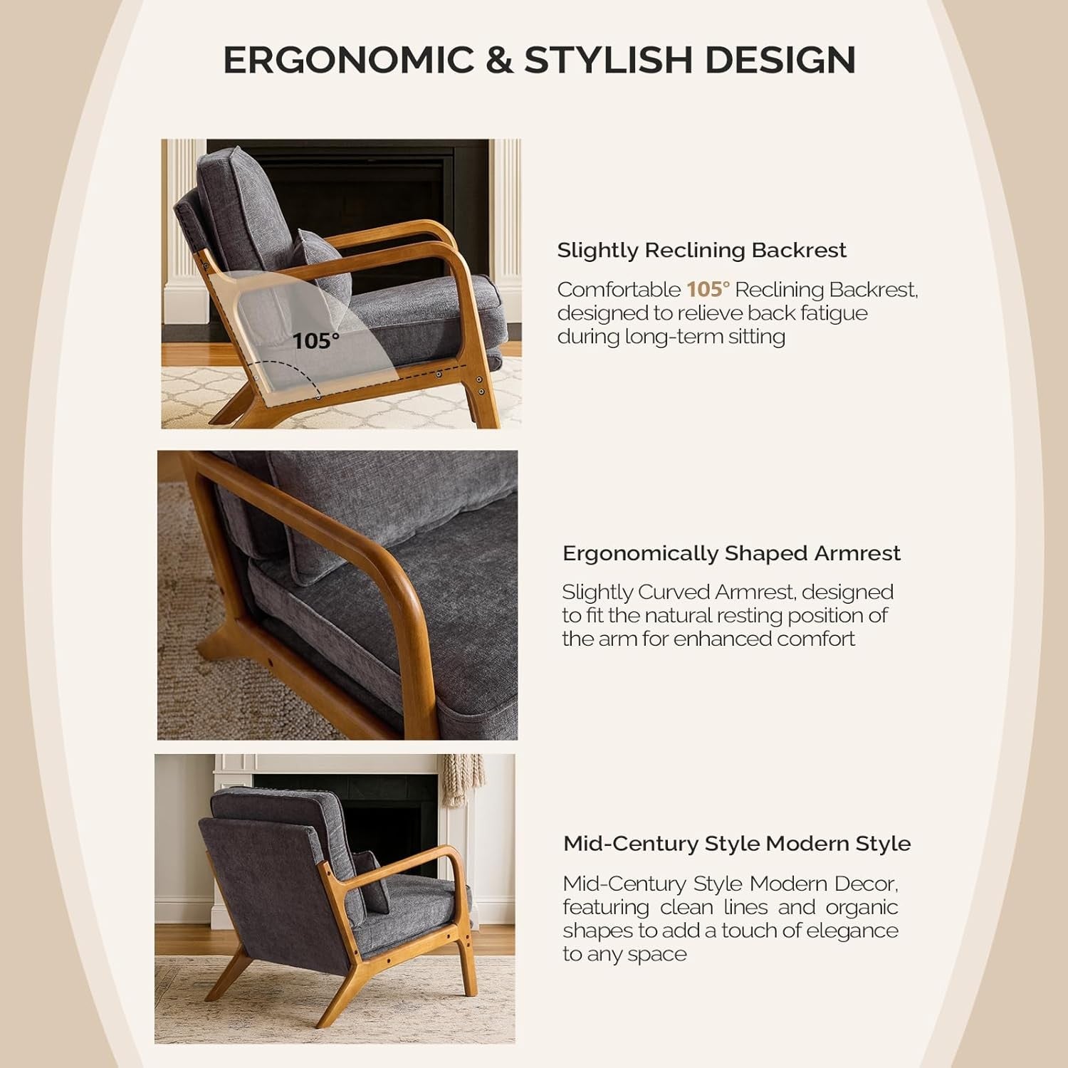 Dark Grey Chenille Accent Chair – Solid Wood Lounge Armchair