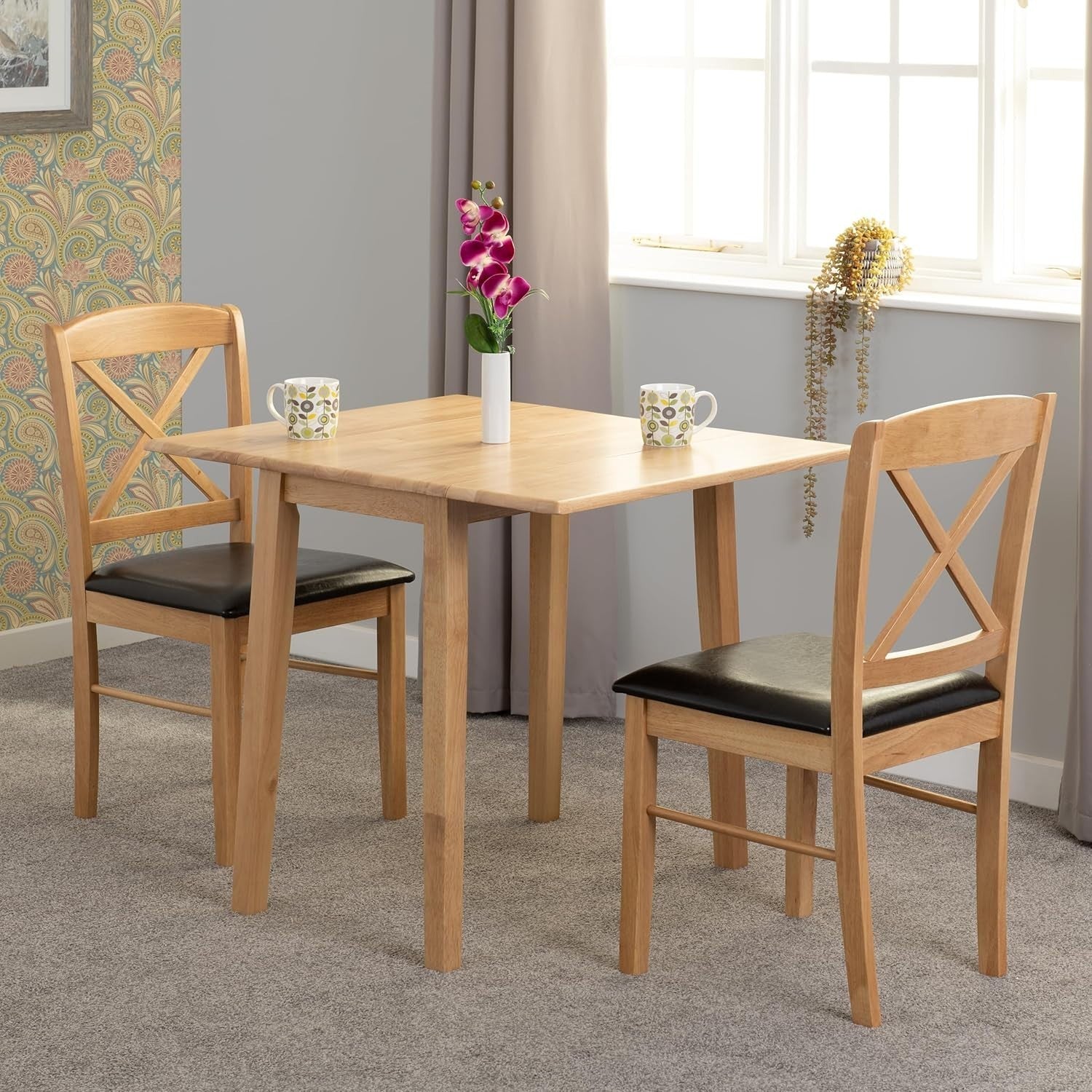 Compact Drop Leaf Dining Table & 2 Chairs Set Oak Finish Space Saving