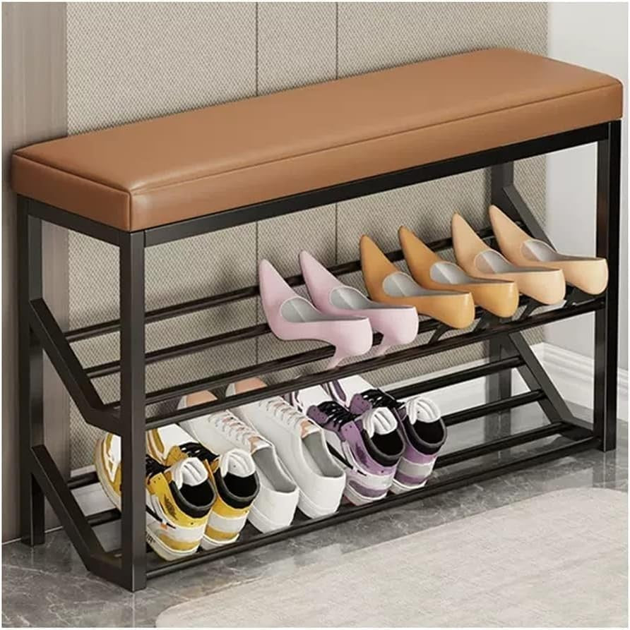Entryway Shoe Bench 2-Tier Storage Metal Rack with Padded Seat