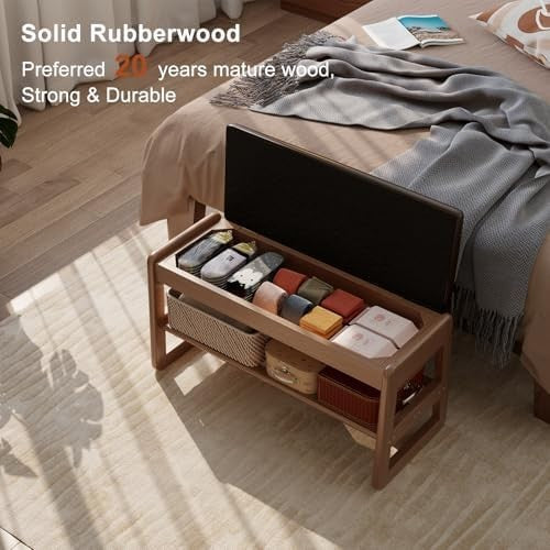 Small Flip-Top Shoe Bench with Cushion | 2-Tier Walnut Shoe Rack for Entryway