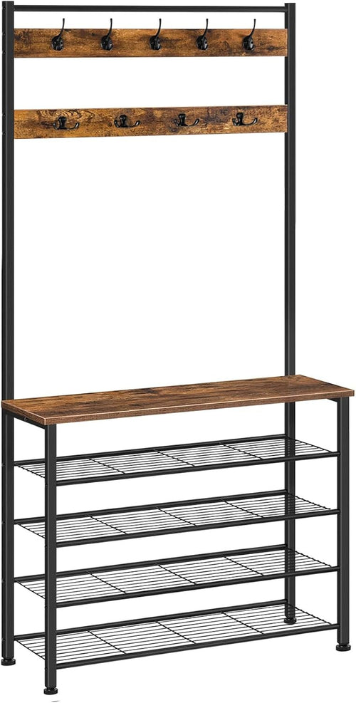 Rustic Brown Coat Rack with Shoe Bench & 9 Hooks | Industrial Hall Tree Organize