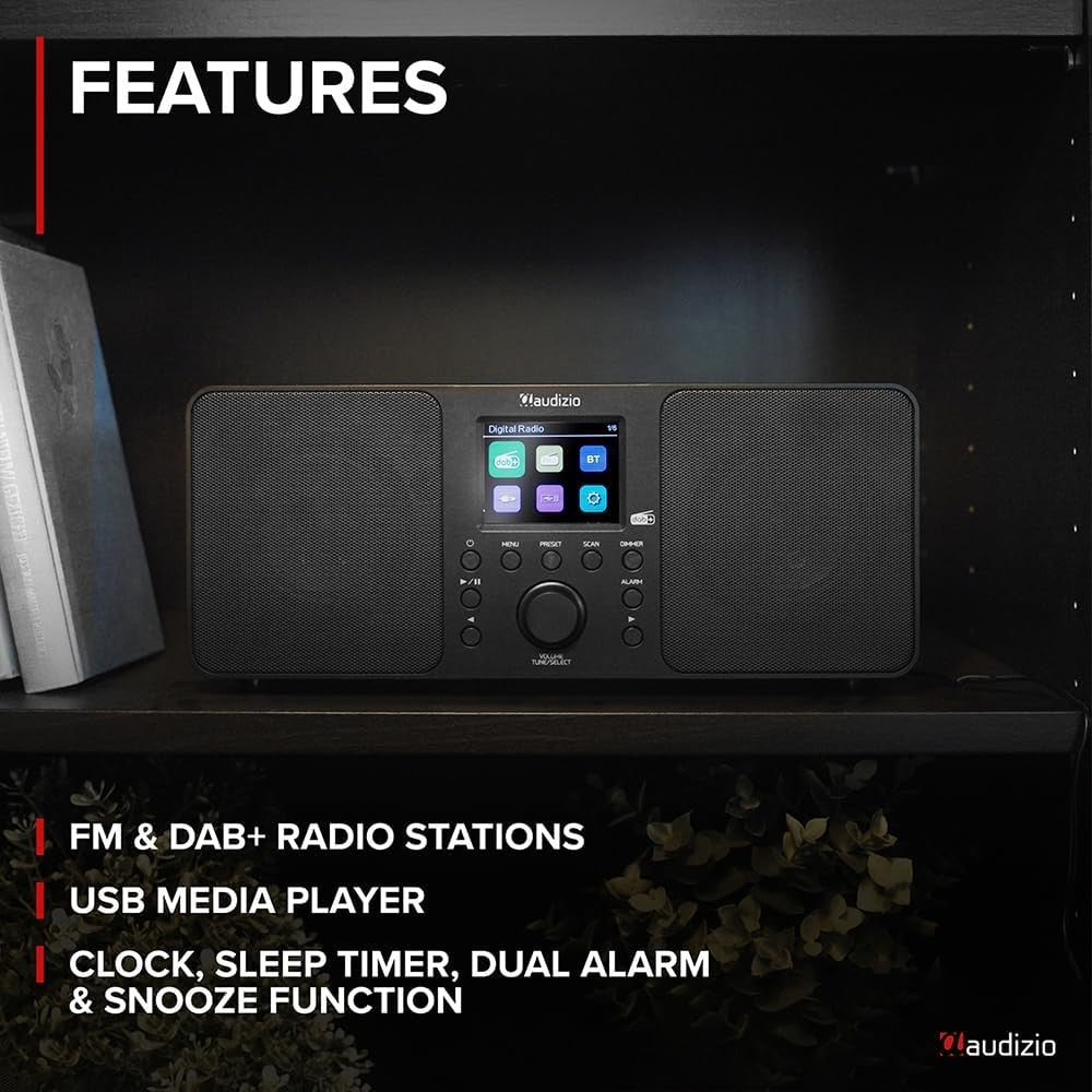 DAB Digital Radio Bluetooth 50W Stereo USB Dual Alarm Remote Wood