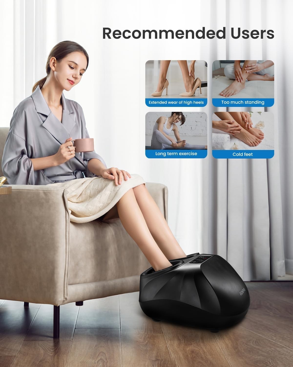 Electric Foot Massager with Heat, Shiatsu Kneading & Remote Control for Size 14